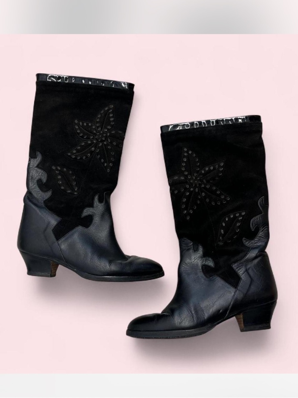 Vintage Black Suede & Leather Mid-Calf Women’s Western Boots